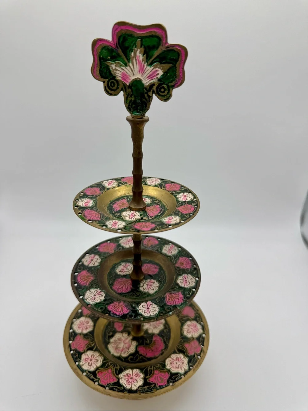 Vintage, floral-patterned brass and enamel 3-tier tray stand